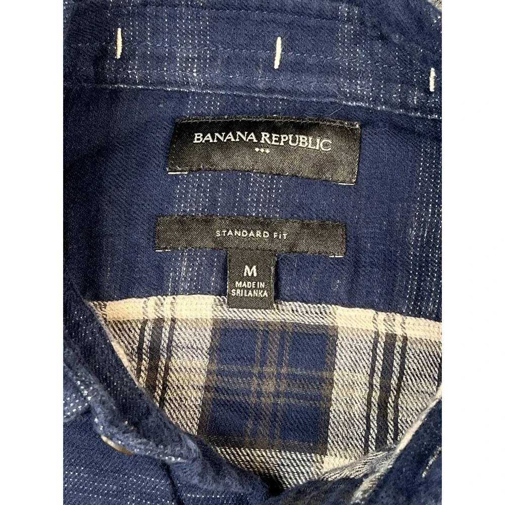 Banana Republic Men Medium Blue Plaid‎ Long Sleeve Button-Up Shirt Extra Soft